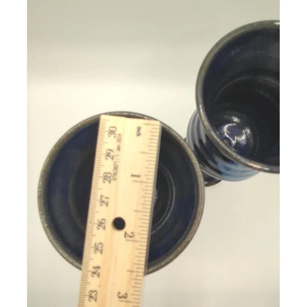 Vintage Studio Art Pottery Blue Drip Glaze Chalice Goblet Set 2 Piece 6.75in